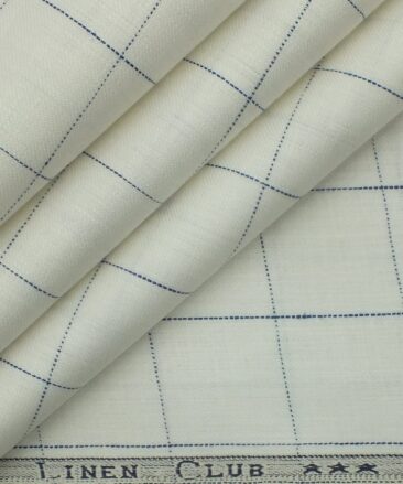 Linen Club White 100% European Linen Blue Checks Unstitched Trouser Fabric (1.30 M)