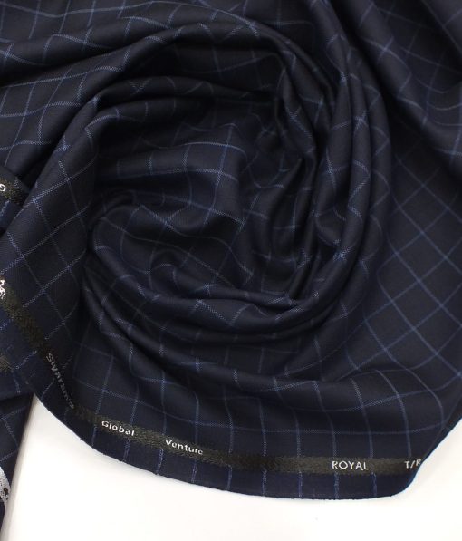 Cadini Italy by Siyaram's Dark Royal Blue Checks Terry Rayon Trouser or 3 Piece Suit Fabric (Unstitched - 1.25 Mtr)