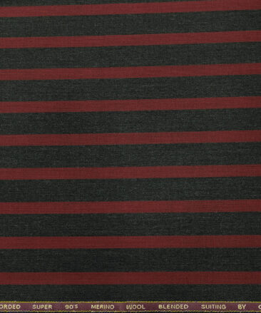 Cadini Men's Wool Striped Super 90's Unstitched Suiting Fabric (Dark Grey & Red)