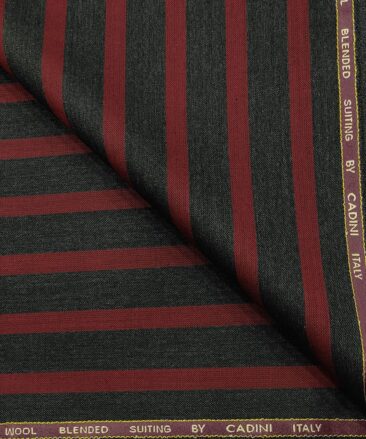 Cadini Men's Wool Striped Super 90's Unstitched Suiting Fabric (Dark Grey & Red)