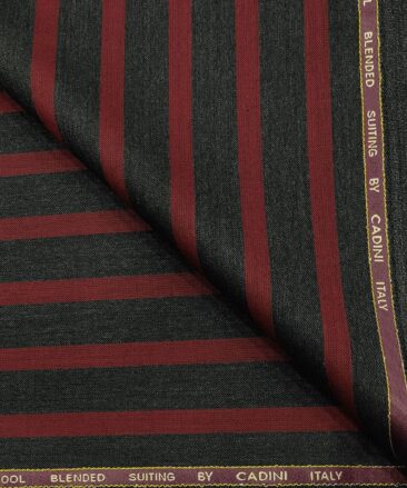 Cadini Men's Wool Striped Super 90's Unstitched Suiting Fabric (Dark Grey & Red)