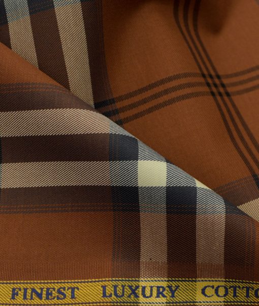 Soktas Men's Luxury Cotton Checks 2.25 Meter Unstitched Shirting Fabric (Amber Orange)