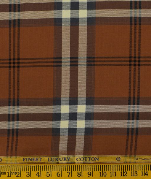 Soktas Men's Luxury Cotton Checks 2.25 Meter Unstitched Shirting Fabric (Amber Orange)