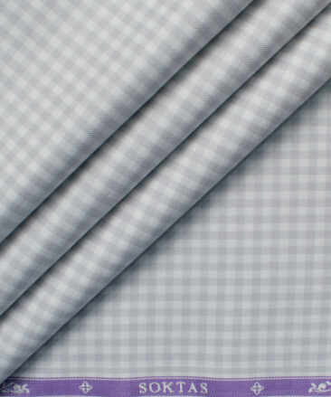 Soktas Men's Giza Cotton Checks 2.25 Meter Unstitched Shirting Fabric (White & Grey)