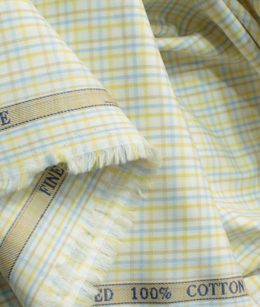 Cadini Men's Giza Blended Cotton Checks 2.25 Meter Unstitched Shirting Fabric (White & Yellow)