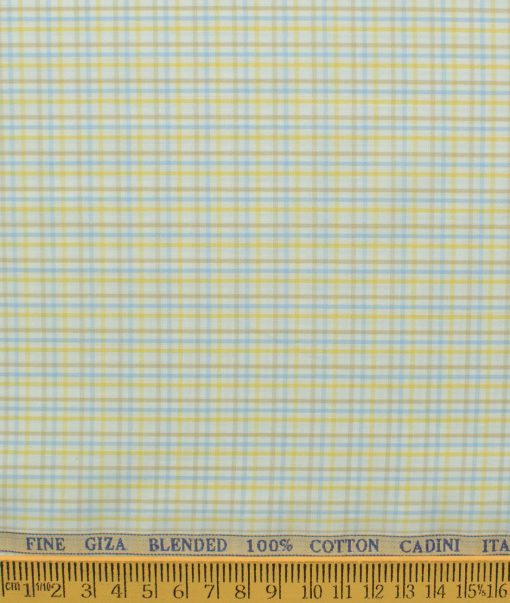 Cadini Men's Giza Blended Cotton Checks 2.25 Meter Unstitched Shirting Fabric (White & Yellow)