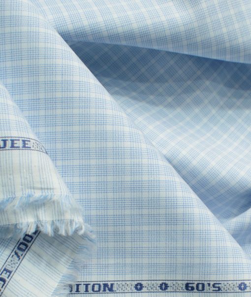 Morarjee Men's Super 60's Egyptian Cotton  Checks 2.25 Meter Unstitched Shirting Fabric (White & Blue)