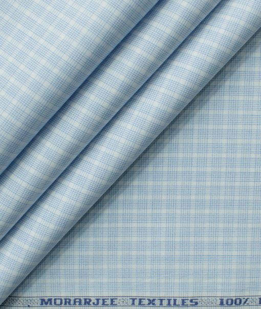 Morarjee Men's Super 60's Egyptian Cotton  Checks 2.25 Meter Unstitched Shirting Fabric (White & Blue)