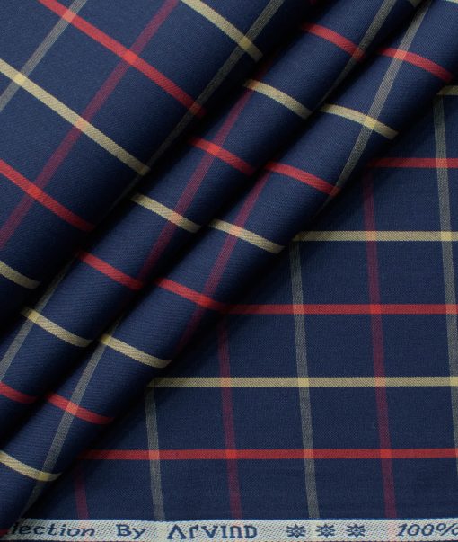 Arvind Men's 60's Premium Cotton Checks 2.25 Meter Unstitched Shirting Fabric (Dark Royal Blue)