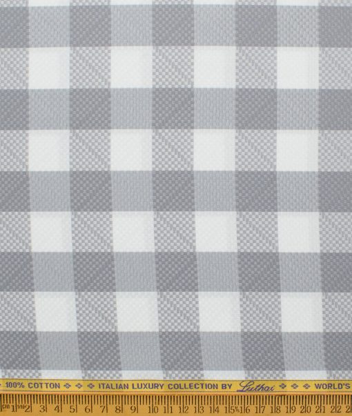 Luthai Men's 2/100's Supima Cotton Checks  Unstitched Shirting Fabric (White & Grey)